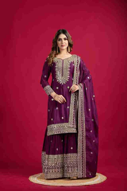 ✨ Elegant Purple Chinnon Silk Embroidered Plazo Set ✨