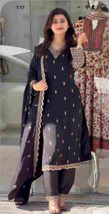 🌿 New Chinnon Silk With Heavy Embroidery Sequence Work Top-Plazo And Dupatta Set 🌿
