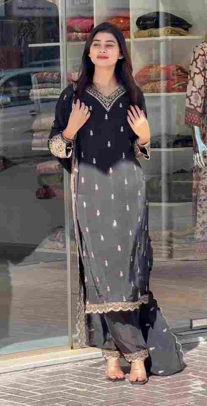 🌿 New Chinnon Silk With Heavy Embroidery Sequence Work Top-Plazo And Dupatta Set 🌿
