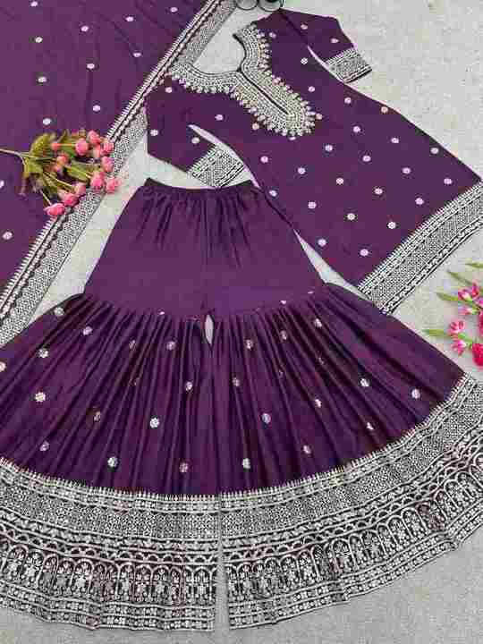 New Chinnon Silk With Heavy Embroidery Sequence Work Top-Plazo And Dupatta Set (Purple)