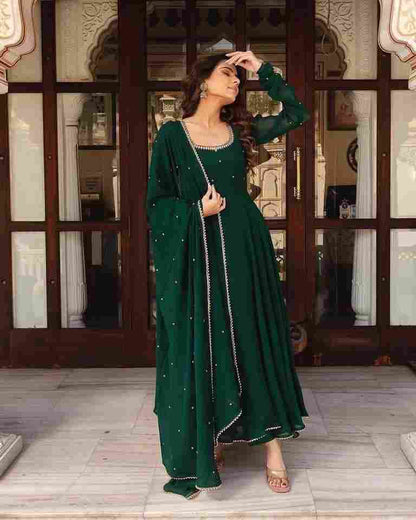GREEN Georgette Maxi Dress With dupatta Pair