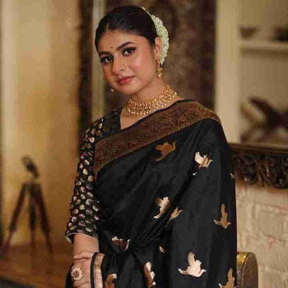 NEW BLACK BANARASI SOFT SILK SAREE